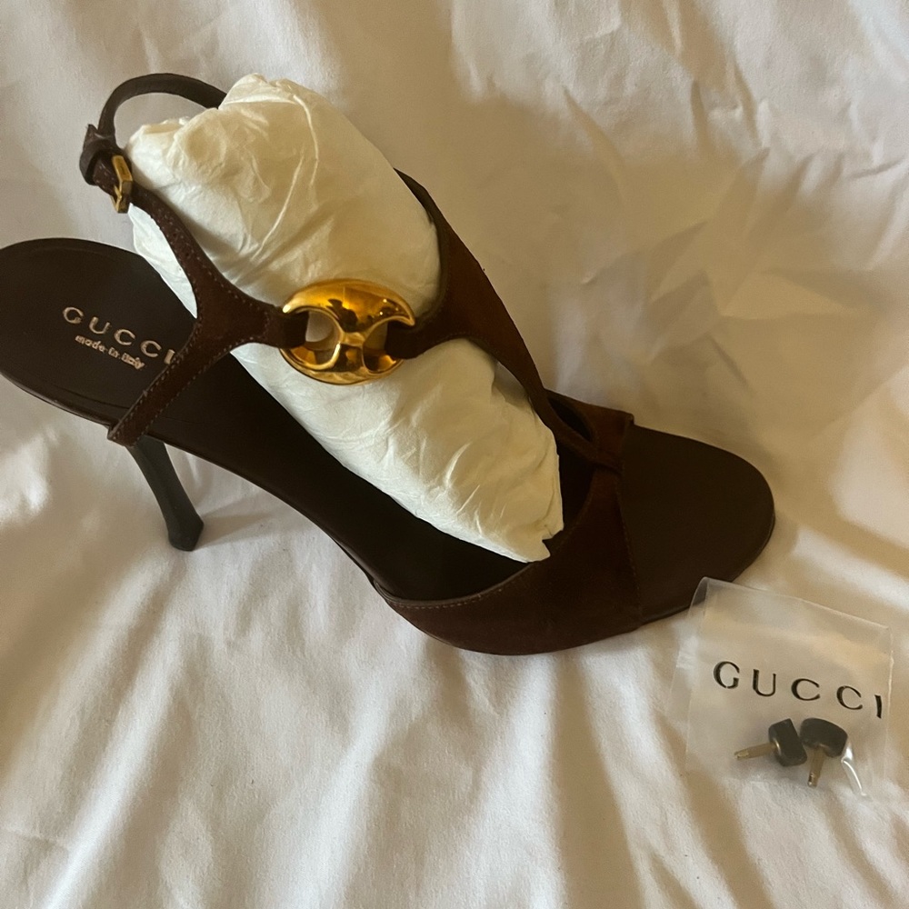 Authentic Gucci brown suede sandal with gold hardware